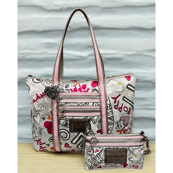 Y2K Coach 14635 Poppy Graffiti Heart Glam Tote Bag & Matching Wristlet